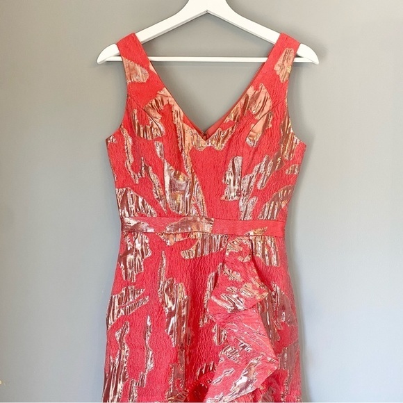 Marchesa Notte Strapless Ruffle-Hem V-Neck Coral Cocktail Dress NWT - Picture 2 of 11